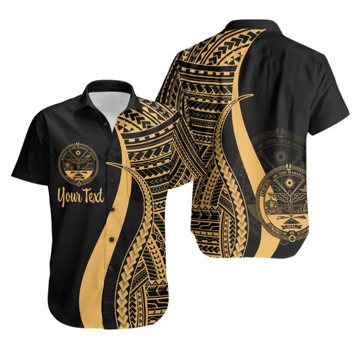 Marshall Islands Custom Personalised Short Sleeve Shirt - Gold Polynesian Tentacle Tribal Pattern Crest