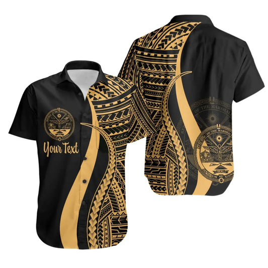 Marshall Islands Custom Personalised Short Sleeve Shirt - Gold Polynesian Tentacle Tribal Pattern Crest