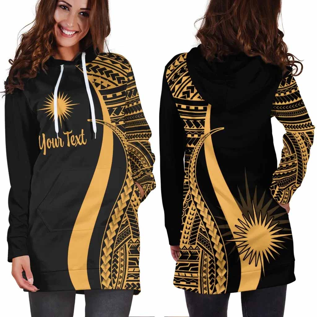 Marshall Islands Custom Personalised Hoodie Dress - Gold Polynesian Tentacle Pattern