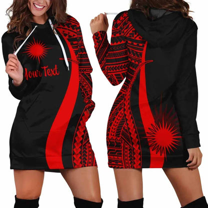 Marshall Islands Custom Personalised Hoodie Dress - Red Polynesian Tentacle Pattern