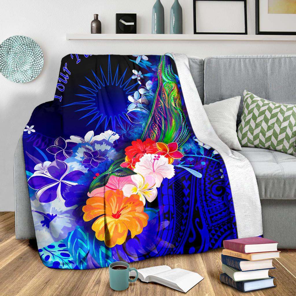 Marshall Islands Custom Personalised Premium Blanket - Humpback Whale with Tropical Flowers (Blue)