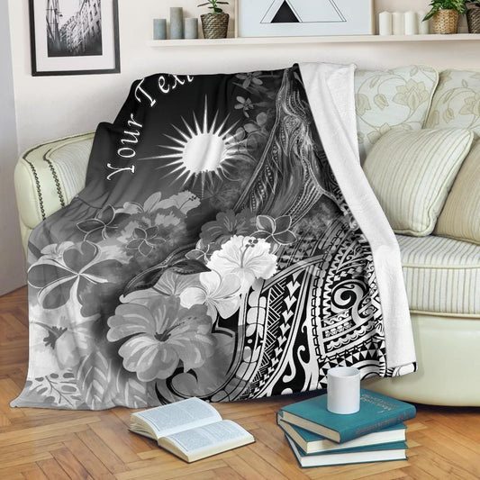 Marshall Islands Custom Personalised Premium Blanket - Humpback Whale with Tropical Flowers (White)