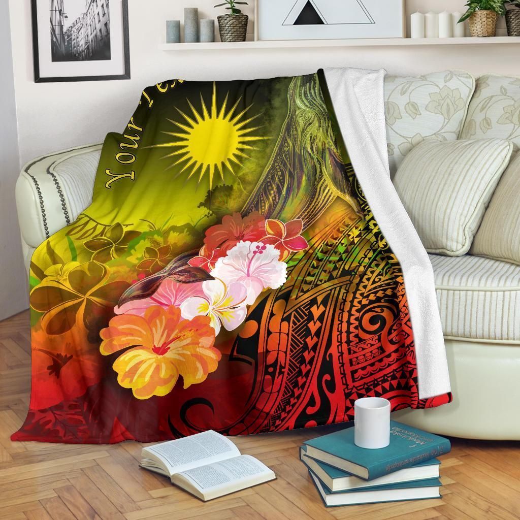 Marshall Islands Custom Personalised Premium Blanket - Humpback Whale with Tropical Flowers (Yellow)