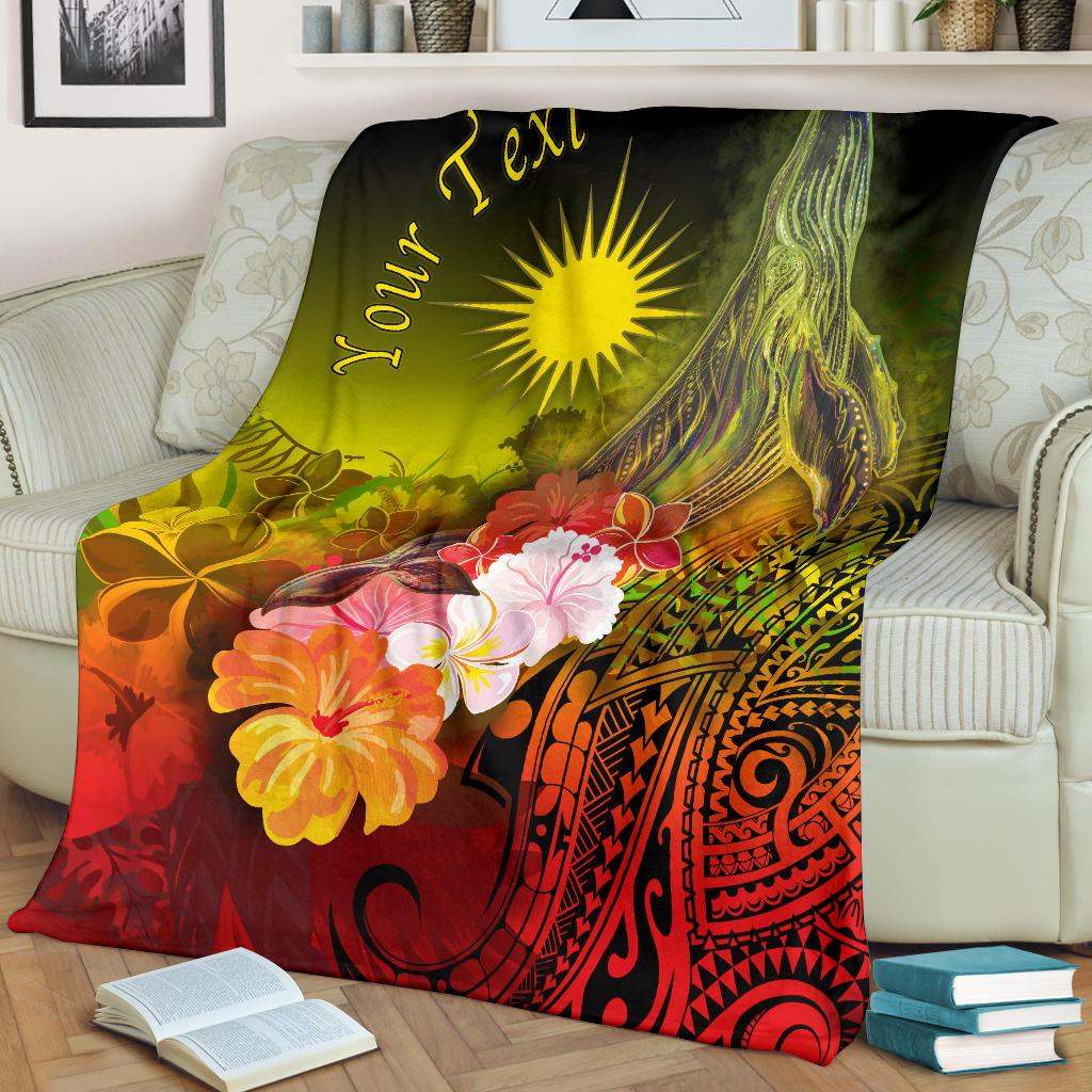 Marshall Islands Custom Personalised Premium Blanket - Humpback Whale with Tropical Flowers (Yellow)