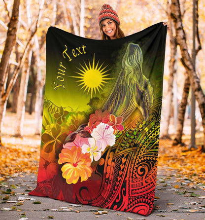 Marshall Islands Custom Personalised Premium Blanket - Humpback Whale with Tropical Flowers (Yellow)