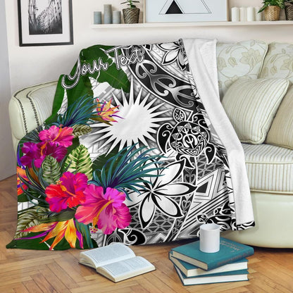 Marshall Islands Custom Personalised Premium Blanket White - Turtle Plumeria Banana Leaf