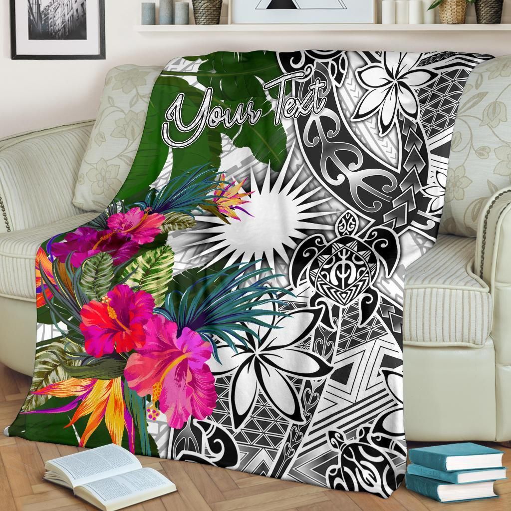Marshall Islands Custom Personalised Premium Blanket White - Turtle Plumeria Banana Leaf