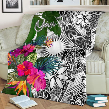 Marshall Islands Custom Personalised Premium Blanket White - Turtle Plumeria Banana Leaf