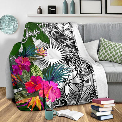 Marshall Islands Custom Personalised Premium Blanket White - Turtle Plumeria Banana Leaf