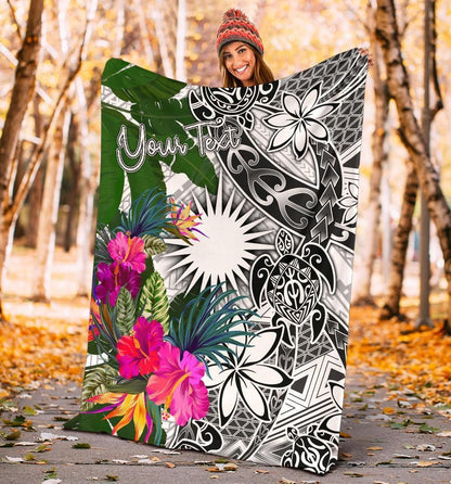 Marshall Islands Custom Personalised Premium Blanket White - Turtle Plumeria Banana Leaf