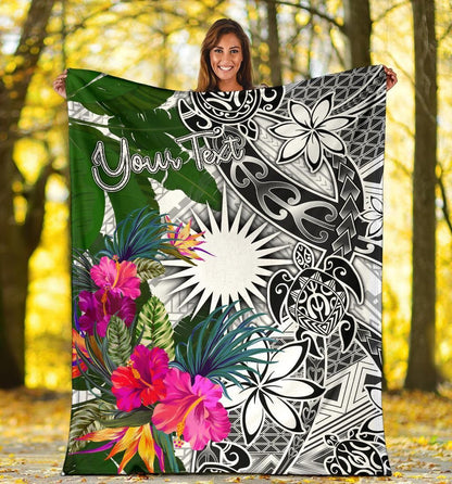 Marshall Islands Custom Personalised Premium Blanket White - Turtle Plumeria Banana Leaf