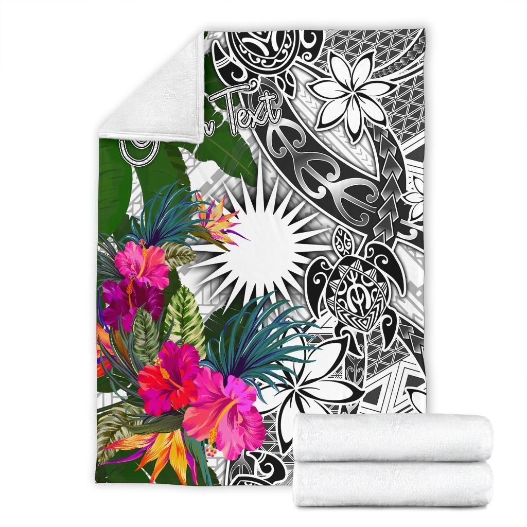 Marshall Islands Custom Personalised Premium Blanket White - Turtle Plumeria Banana Leaf