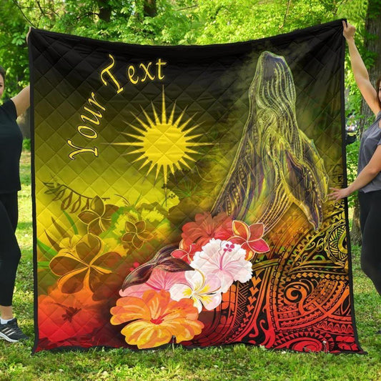 Marshall Islands Custom Personalised Premium Quilt - Humpback Whale with Tropical Flowers (Yellow)