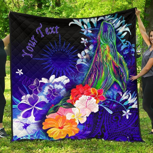 Marshall Islands Custom Personalised Premium Quilts - Humpback Whale with Tropical Flowers (Blue)
