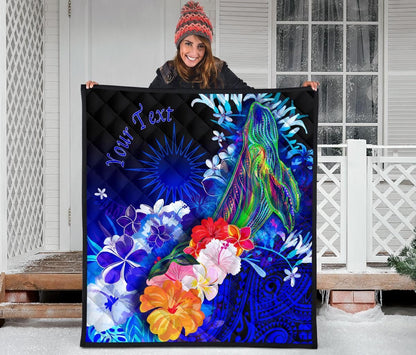 Marshall Islands Custom Personalised Premium Quilts - Humpback Whale with Tropical Flowers (Blue)