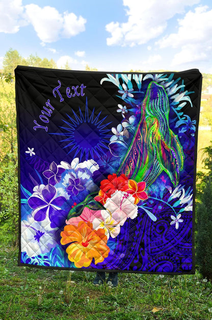 Marshall Islands Custom Personalised Premium Quilts - Humpback Whale with Tropical Flowers (Blue)
