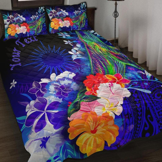 Marshall Islands Custom Personalised Quilt Bed Set - Humpback Whale with Tropical Flowers (Blue)