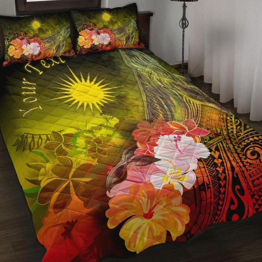 Marshall Islands Custom Personalised Quilt Bed Set - Humpback Whale with Tropical Flowers (Yellow)