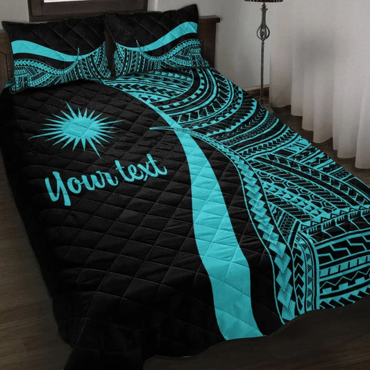 Marshall Islands Custom Personalised Quilt Bed Set - Turquoise Polynesian Tentacle Tribal Pattern