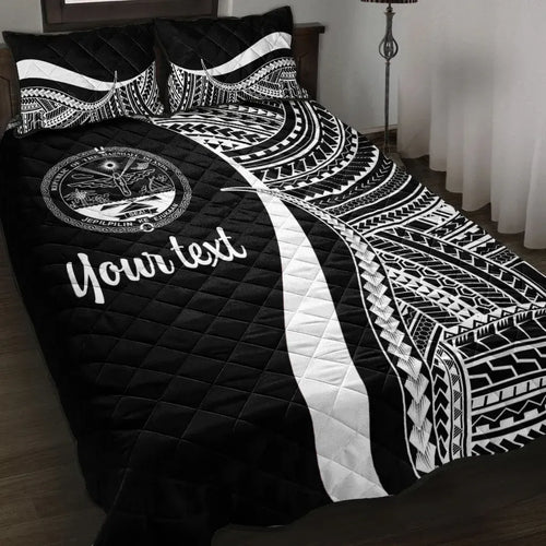 Marshall Islands Custom Personalised Quilt Bed Set - White Polynesian Tentacle Tribal Pattern Crest