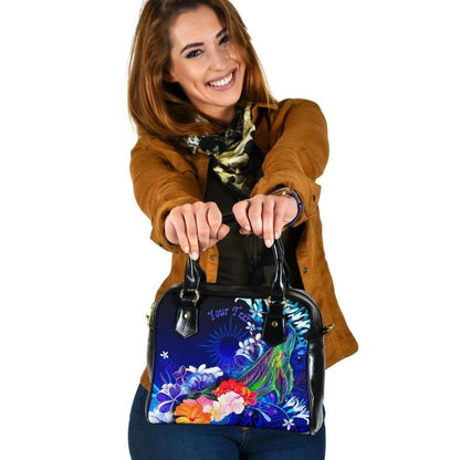 Marshall Islands Custom Personalised Shoulder Handbags - Humpback Whale With Tropical Flowers (Blue)