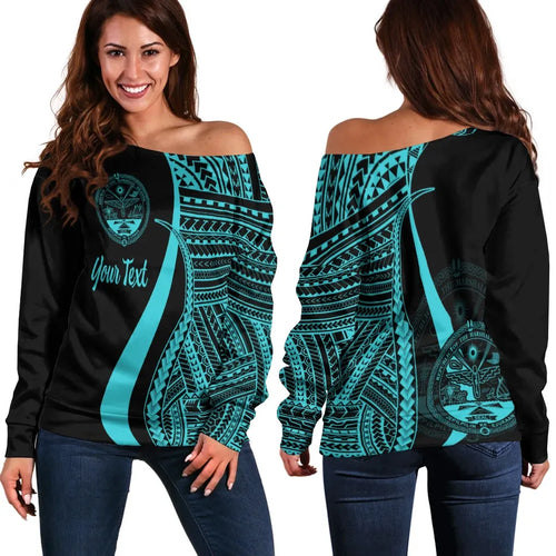 Marshall Islands Custom Personalised Women Off Shoulder Sweater - Turquoise Polynesian Tentacle Tribal Pattern Crest