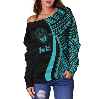 Marshall Islands Custom Personalised Women Off Shoulder Sweater - Turquoise Polynesian Tentacle Tribal Pattern Crest