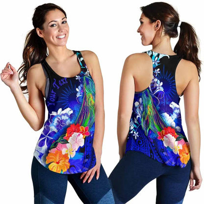 Marshall Islands Custom Personalised Women Racerback Tank - Humpback Whale with Tropical Flowers (Blue)