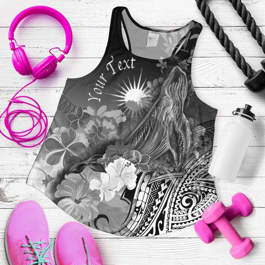 Marshall Islands Custom Personalised Women Racerback Tank - Humpback Whale with Tropical Flowers (White)