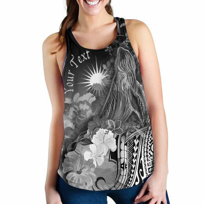 Marshall Islands Custom Personalised Women Racerback Tank - Humpback Whale with Tropical Flowers (White)