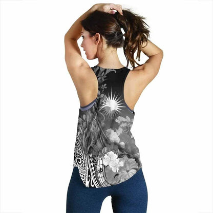 Marshall Islands Custom Personalised Women Racerback Tank - Humpback Whale with Tropical Flowers (White)
