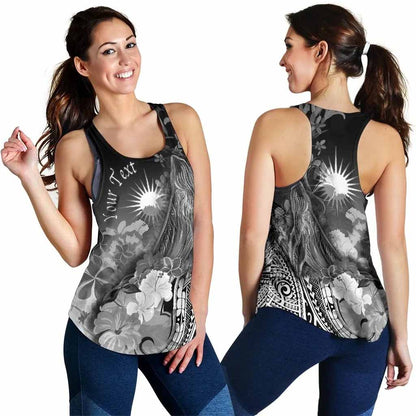 Marshall Islands Custom Personalised Women Racerback Tank - Humpback Whale with Tropical Flowers (White)