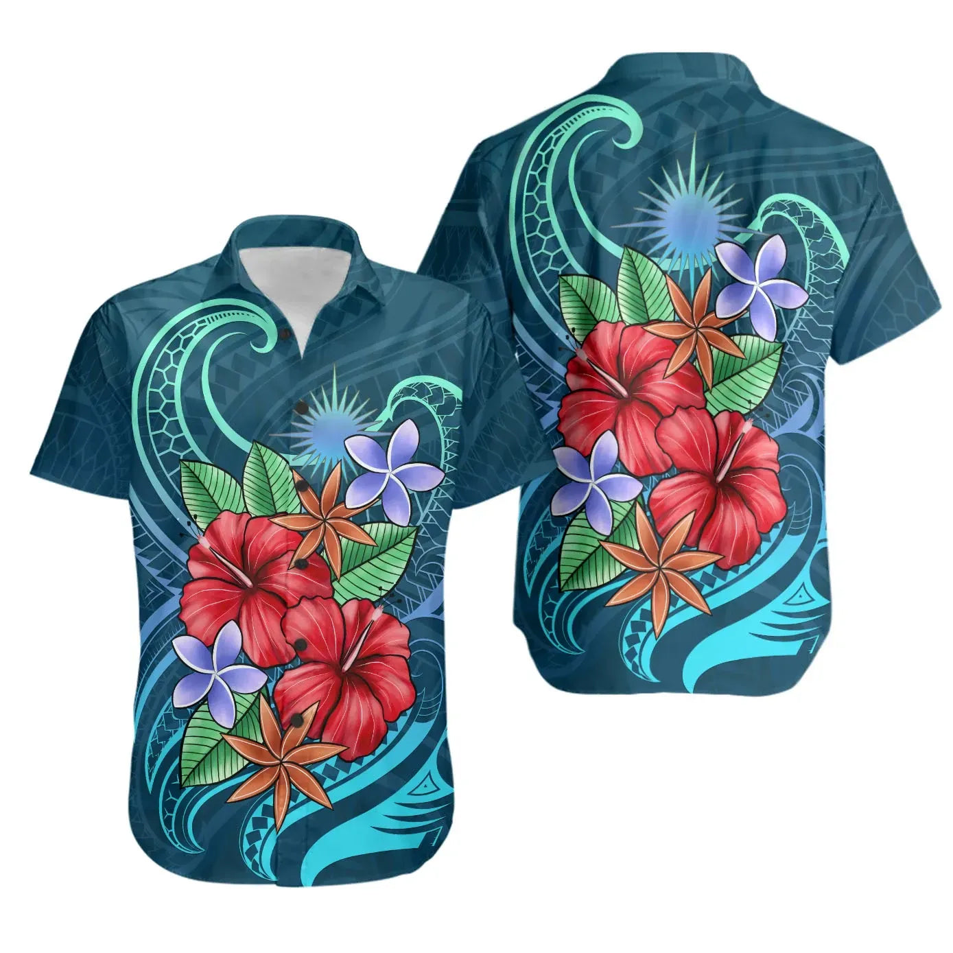 Marshall Islands Short Sleeve Shirt - Blue Pattern With Tropical Flowers