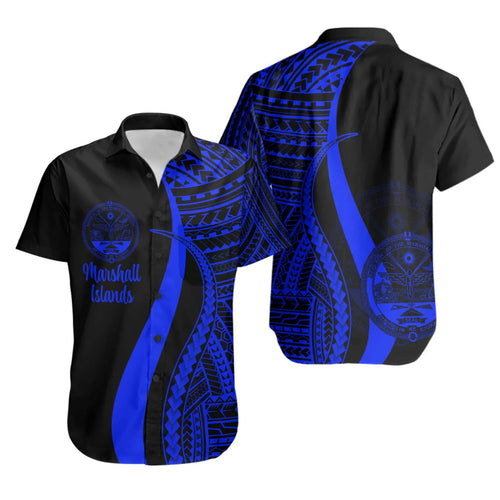 Marshall Islands Short Sleeve Shirt - Blue Polynesian Tentacle Tribal Pattern Crest