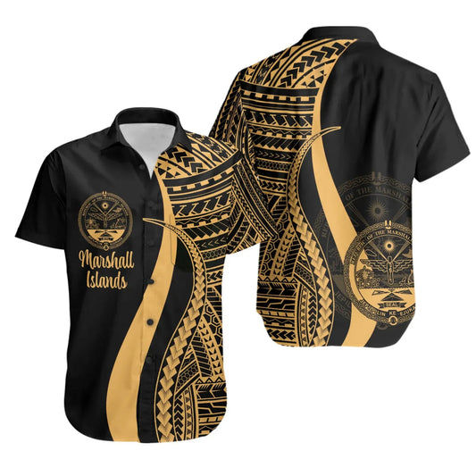 Marshall Islands Short Sleeve Shirt - Gold Polynesian Tentacle Tribal Pattern Crest