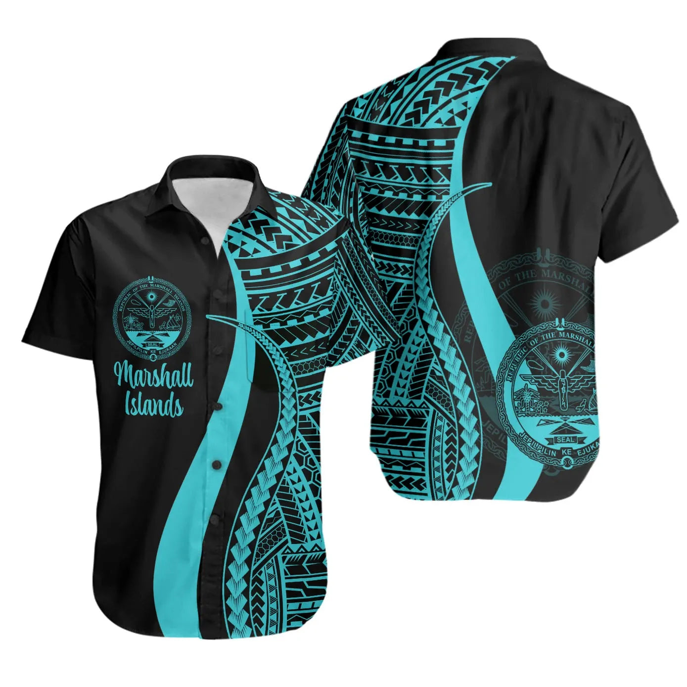 Marshall Islands Short Sleeve Shirt - Turquoise Polynesian Tentacle Tribal Pattern Crest