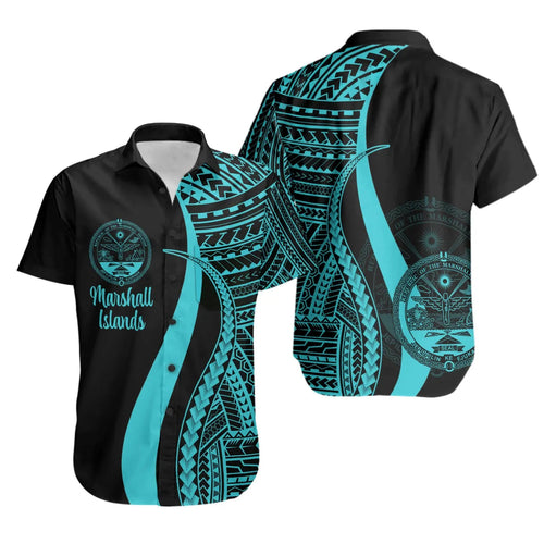 Marshall Islands Short Sleeve Shirt - Turquoise Polynesian Tentacle Tribal Pattern Crest