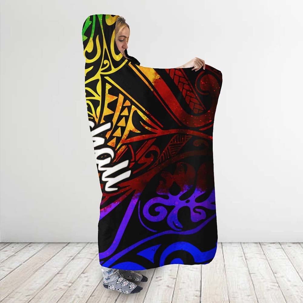 Marshall Islands Hooded Blanket - Rainbow Polynesian Pattern Crest