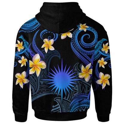 Marshall Islands Hoodie - Custom Personalised Polynesian Waves with Plumeria Flowers (Blue)