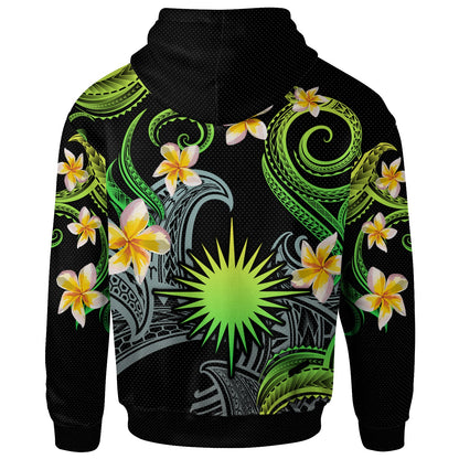 Marshall Islands Hoodie - Custom Personalised Polynesian Waves with Plumeria Flowers (Green)
