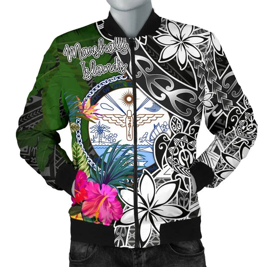 Marshall Islands Bomber Jacket - Turtle Plumeria Banana Leaf Crest