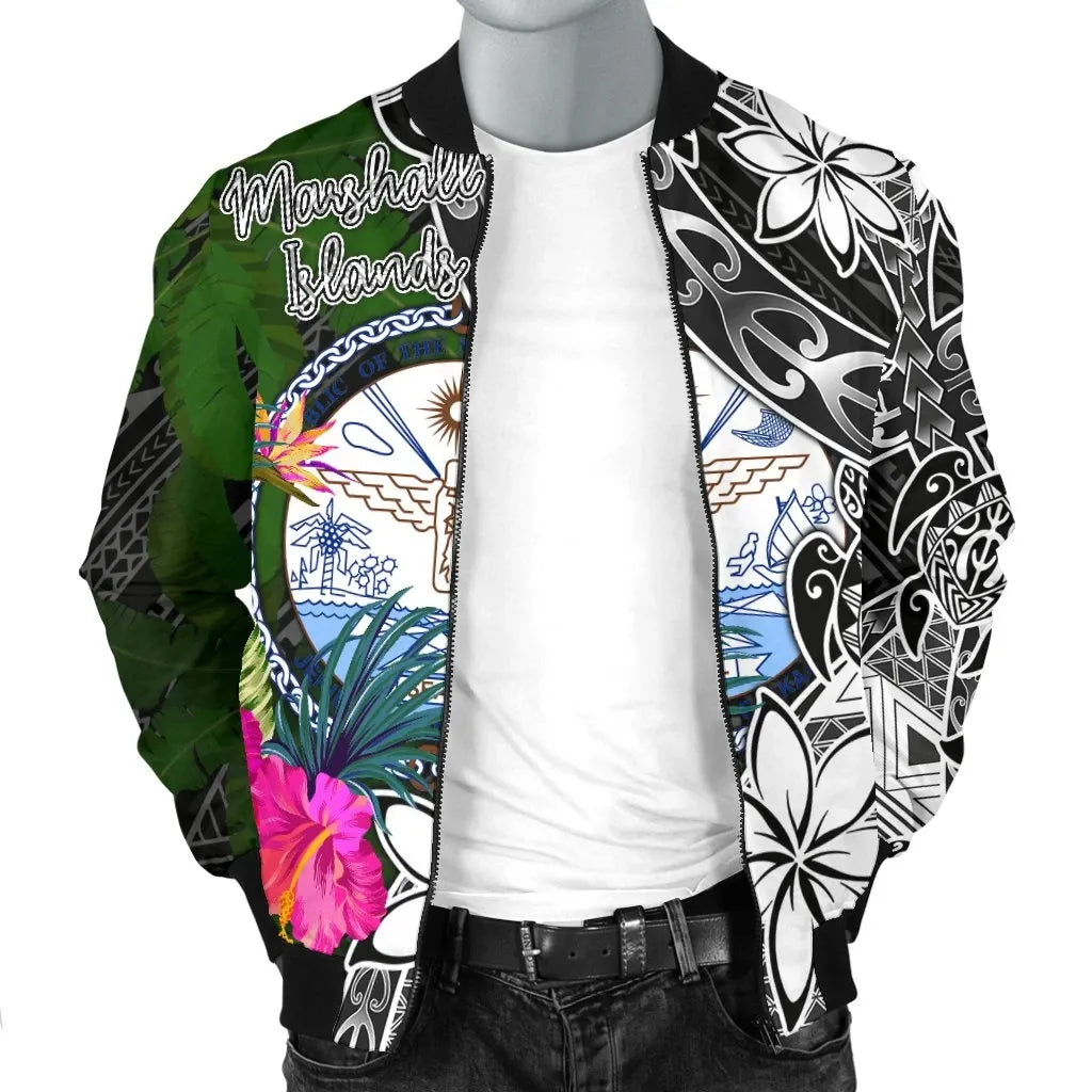 Marshall Islands Bomber Jacket - Turtle Plumeria Banana Leaf Crest