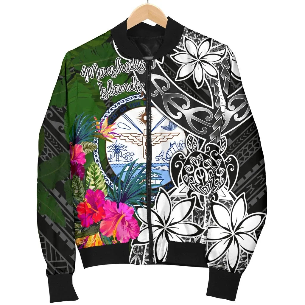 Marshall Islands Bomber Jacket - Turtle Plumeria Banana Leaf Crest