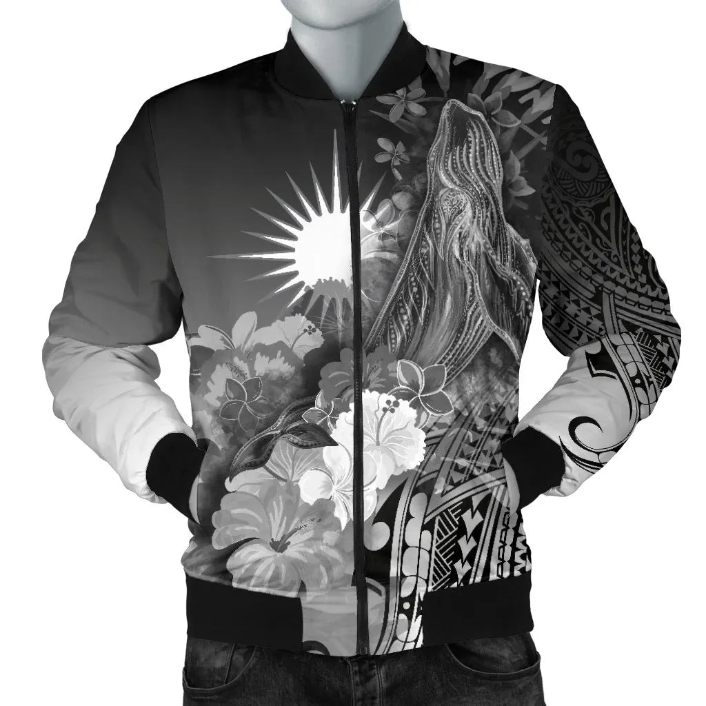 Marshall Islands Bomber Jacket - Humpback Whale with Tropical Flowers (White)