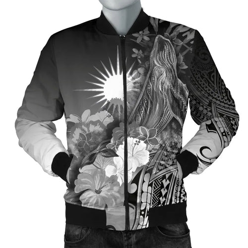 Marshall Islands Bomber Jacket - Humpback Whale with Tropical Flowers (White)