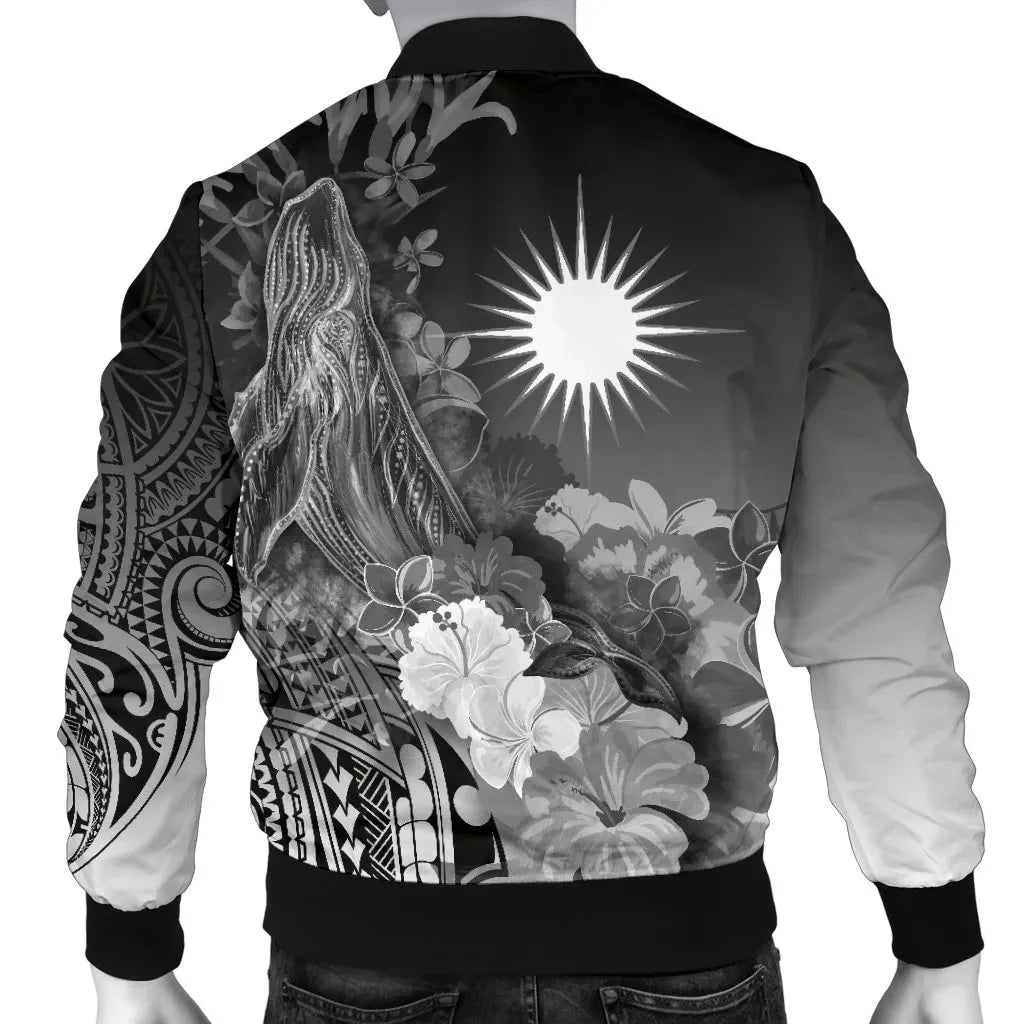 Marshall Islands Bomber Jacket - Humpback Whale with Tropical Flowers (White)