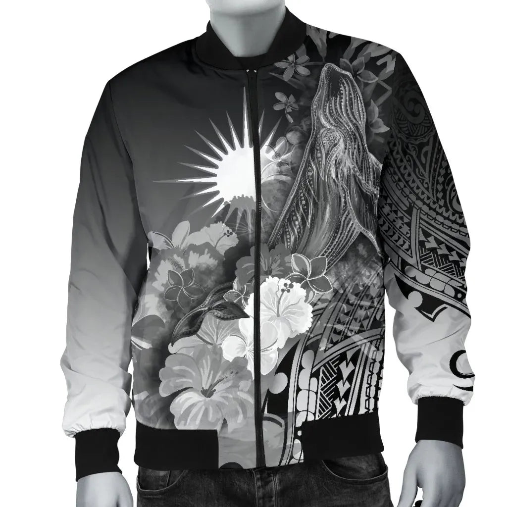Marshall Islands Bomber Jacket - Humpback Whale with Tropical Flowers (White)
