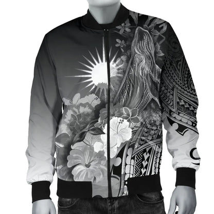 Marshall Islands Bomber Jacket - Humpback Whale with Tropical Flowers (White)