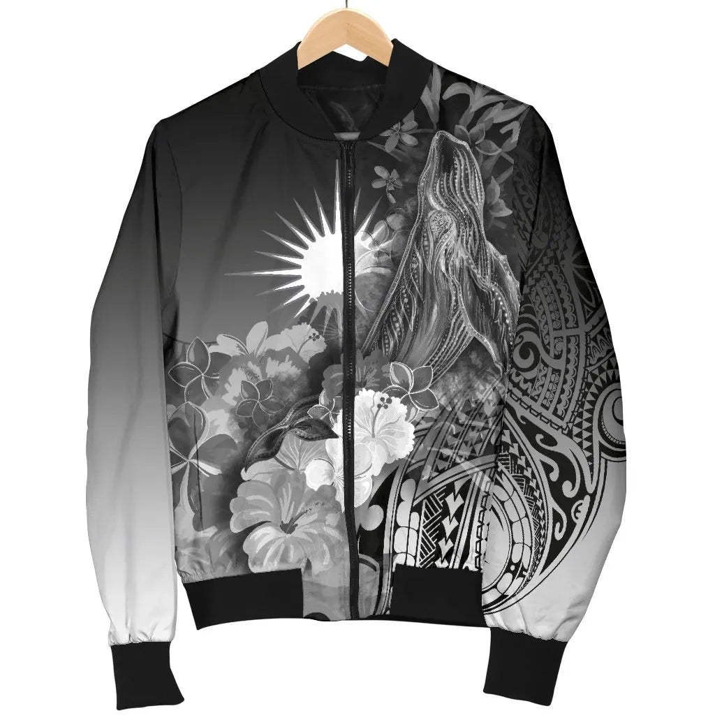 Marshall Islands Bomber Jacket - Humpback Whale with Tropical Flowers (White)