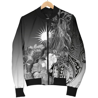 Marshall Islands Bomber Jacket - Humpback Whale with Tropical Flowers (White)